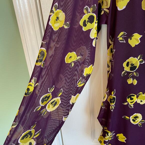 Calvin Klein Floral Ruched Mesh Midi Dress Asymmetrical Hem Purple Yellow Sz XL - Picture 8 of 15